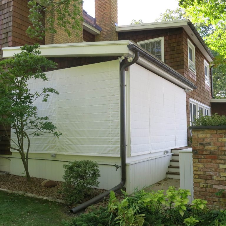 The outdoor shades are operated from inside the screen porch so there is no need to go outside in the wind and rain to close up your screen porch.
