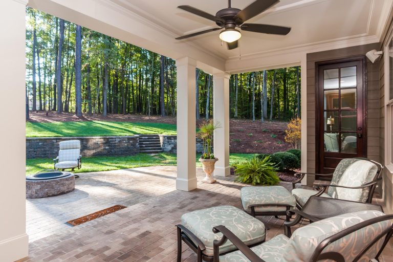 The rear covered porch of the Cameron Plan built by Robuck Design Build.