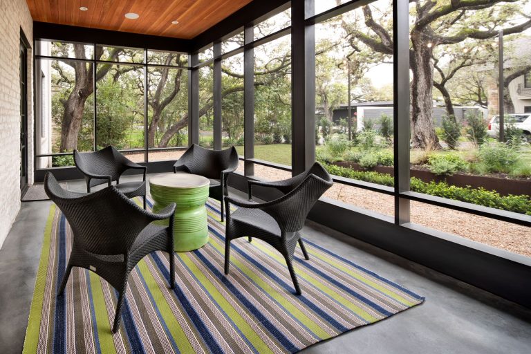 The screened porch, provides a protected space to enjoy the outdoors. The tinted concrete floor is a demur and clever touch, respecting the project color scheme yet providing color and texture variation. by Clark Richardson Architects | Outdoor Photos | Porch | Landscaping | Landscape Design | Outdoor Living Space | Porch Design Ideas | Outdoor Living Space Ideas | Backyard Design