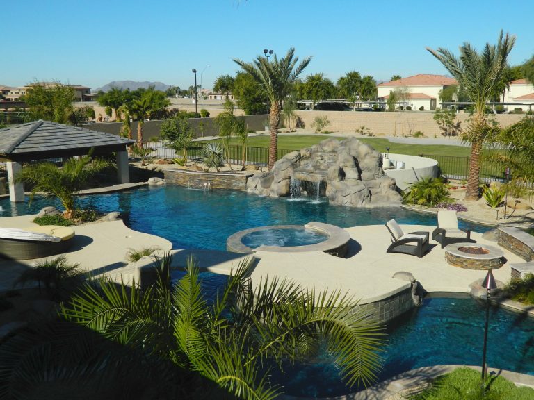 The view from above this magnificent project shows the amazing size of the pool as well as the different outdoor lounging and living areas.
