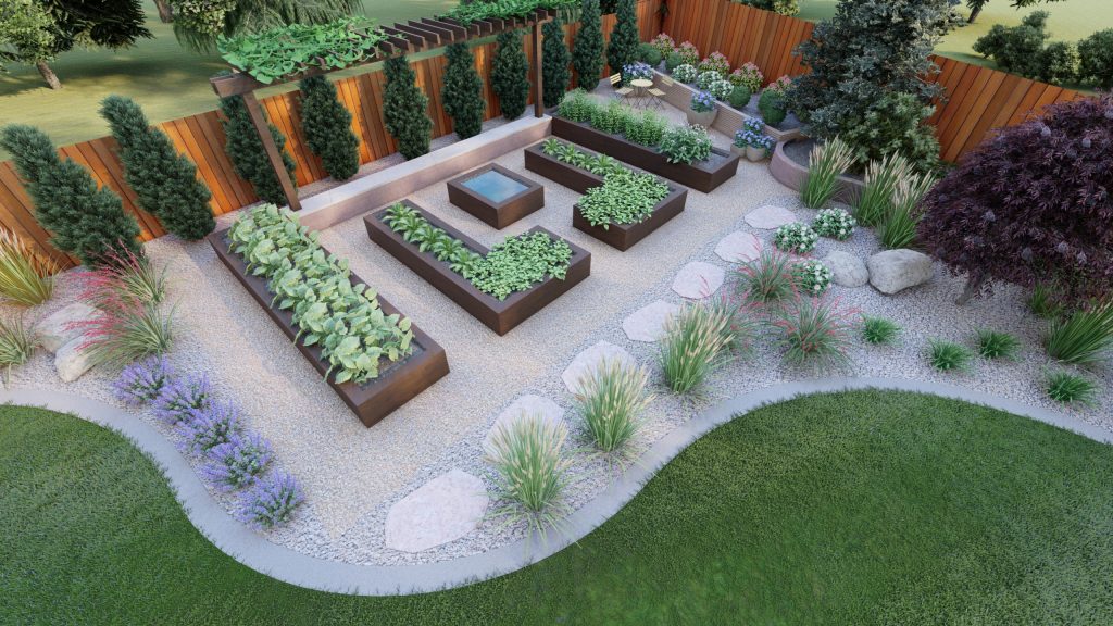This customer was looking to add privacy, use less water, include raised bed garden and fire pit...making it all more their style which was a blend between modern and farmhouse.