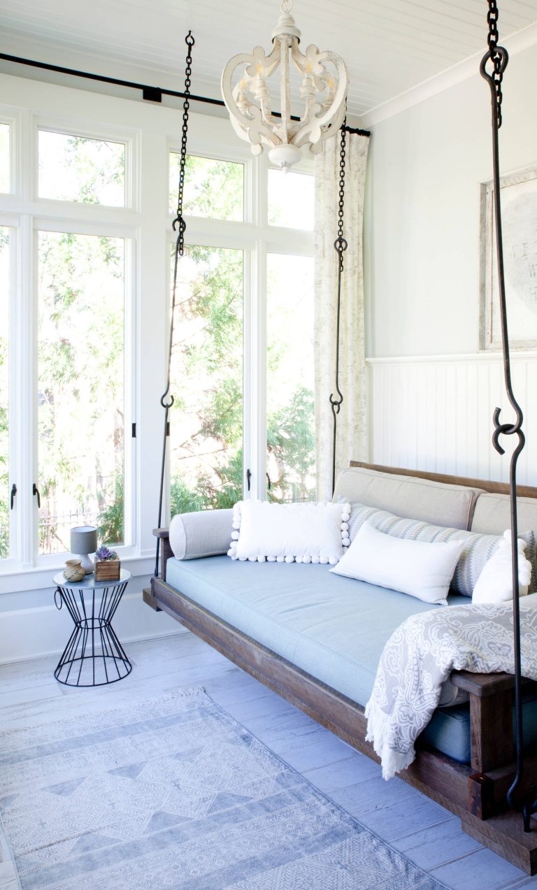 This is an example of a farmhouse porch design in Atlanta with decking and a roof extension. by Julie Montgomery Interiors | Outdoor Photos | Porch | Landscaping | Landscape Design | Outdoor Living Space | Porch Design Ideas | Outdoor Living Space Ideas | Backyard Design