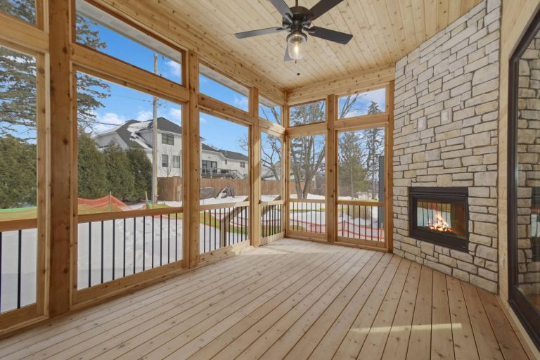 This is an example of a french country back porch design in Minneapolis with a fireplace and a roof extension. by Designs by D | Outdoor Photos | Porch | Landscaping | Landscape Design | Outdoor Living Space | Porch Design Ideas | Outdoor Living Space Ideas | Backyard Design