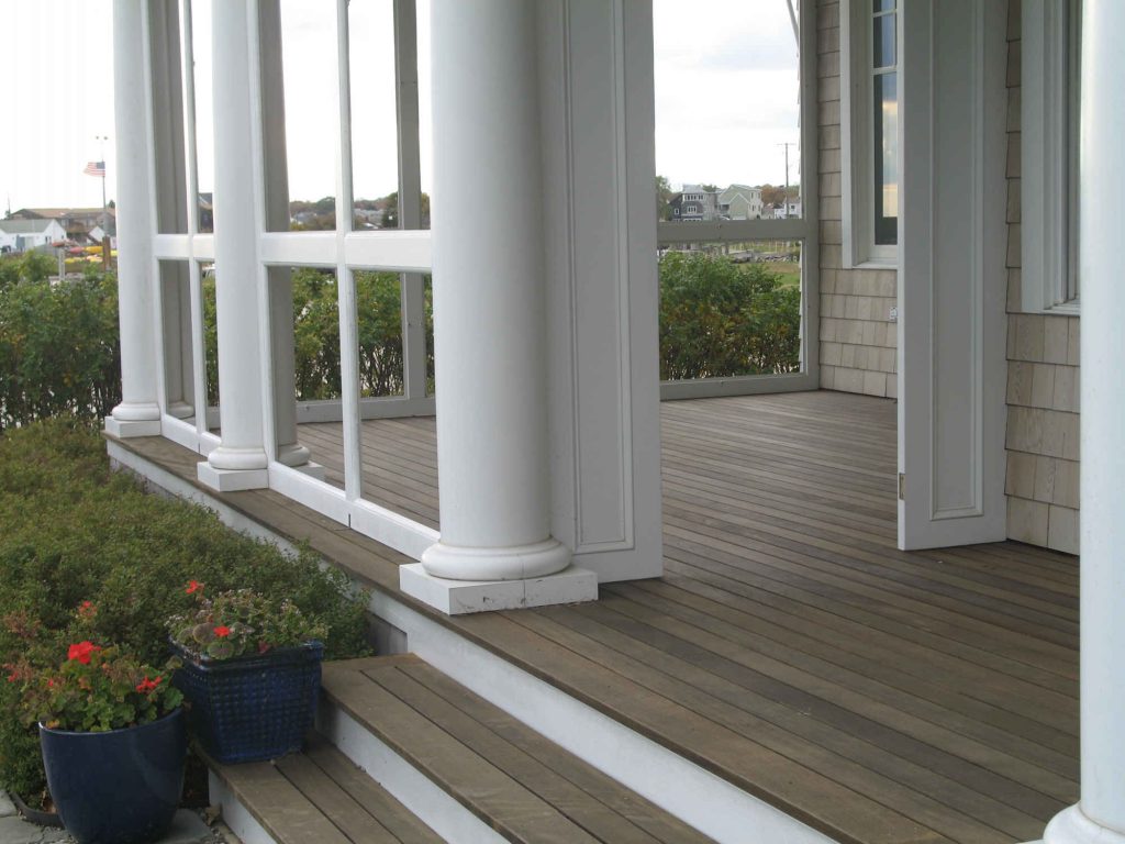 This is an example of a large coastal screened-in back porch design in Bridgeport with a roof extension. by K V Designs | Outdoor Photos | Porch | Landscaping | Landscape Design | Outdoor Living Space | Porch Design Ideas | Outdoor Living Space Ideas | Backyard Design