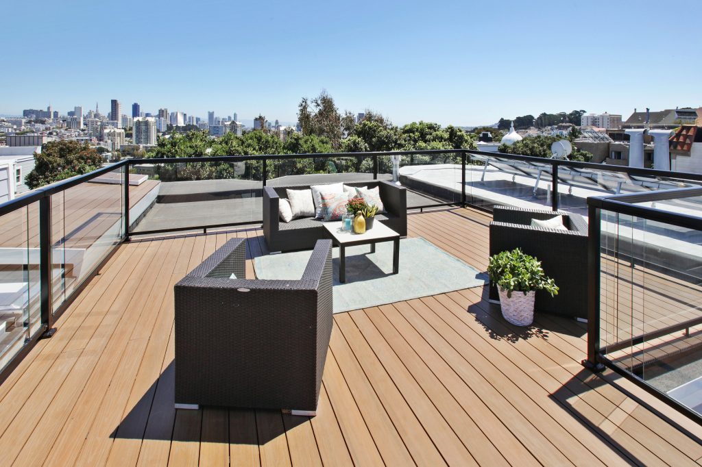 This is an example of a large contemporary porch design in San Francisco with decking and a roof extension. by Envisage Companies | Outdoor Photos | Porch | Landscaping | Landscape Design | Outdoor Living Space | Porch Design Ideas | Outdoor Living Space Ideas | Backyard Design