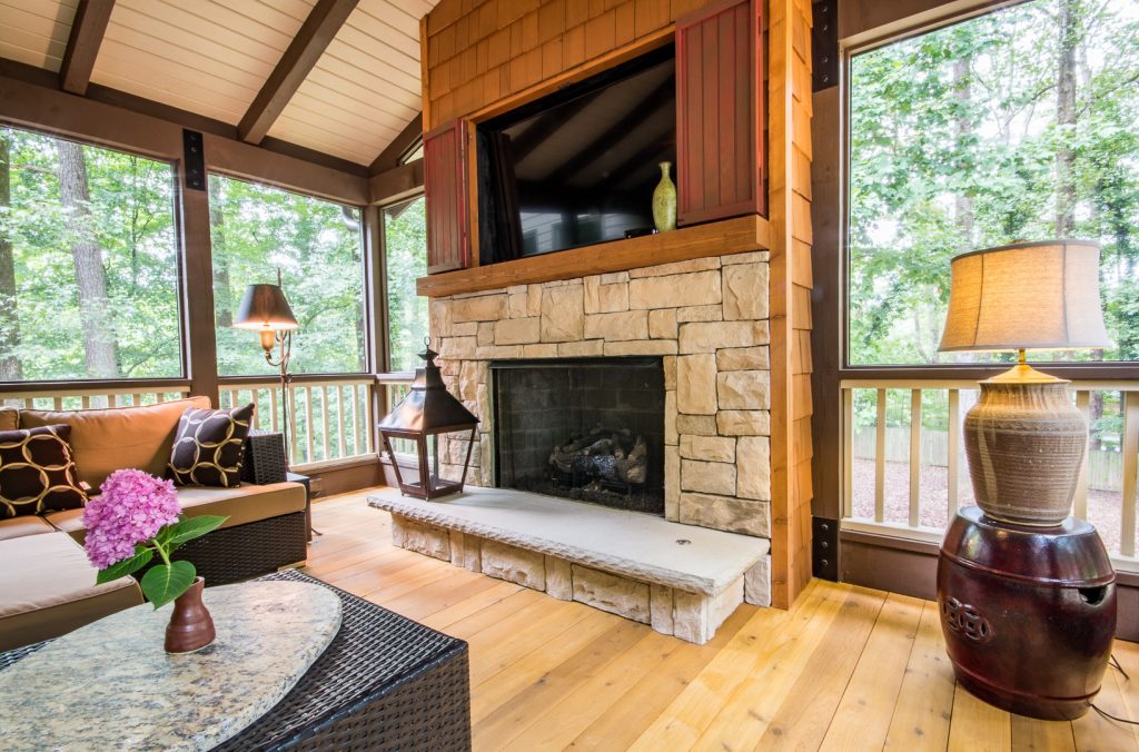 This is an example of a large farmhouse screened-in back porch design in Atlanta with a roof extension. by All Square Contracting | Outdoor Photos | Porch | Landscaping | Landscape Design | Outdoor Living Space | Porch Design Ideas | Outdoor Living Space Ideas | Backyard Design