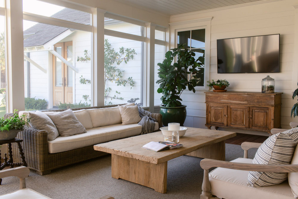 This is an example of a large farmhouse screened-in back porch design in Dallas with decking and a roof extension. by Folkway Design & Wares Co. | Outdoor Photos | Porch | Landscaping | Landscape Design | Outdoor Living Space | Porch Design Ideas | Outdoor Living Space Ideas | Backyard Design