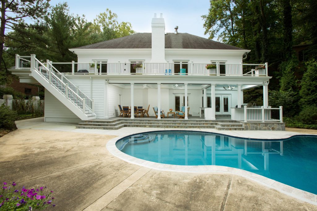 This is an example of a large transitional porch design in DC Metro with a roof extension. by John Benedetto | Outdoor Photos | Porch | Landscaping | Landscape Design | Outdoor Living Space | Porch Design Ideas | Outdoor Living Space Ideas | Backyard Design