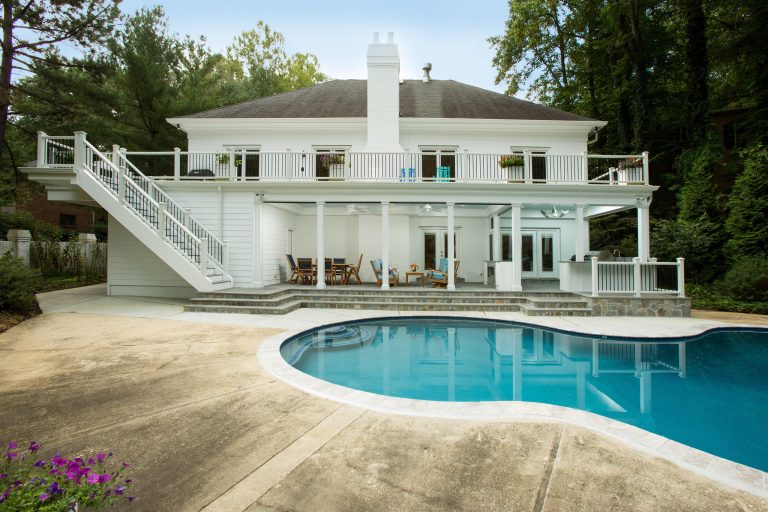 This is an example of a large transitional porch design in DC Metro with a roof extension. by John Benedetto | Outdoor Photos | Porch | Landscaping | Landscape Design | Outdoor Living Space | Porch Design Ideas | Outdoor Living Space Ideas | Backyard Design