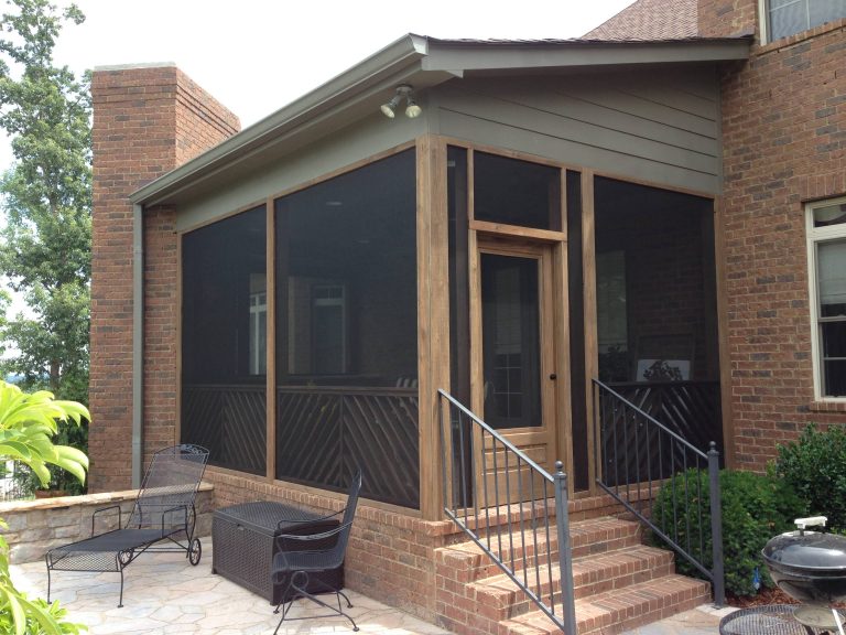 This is an example of a mid-sized contemporary brick screened-in back porch design in Nashville with a roof extension. by Mr Enclosure Sunrooms | Outdoor Photos | Porch | Landscaping | Landscape Design | Outdoor Living Space | Porch Design Ideas | Outdoor Living Space Ideas | Backyard Design