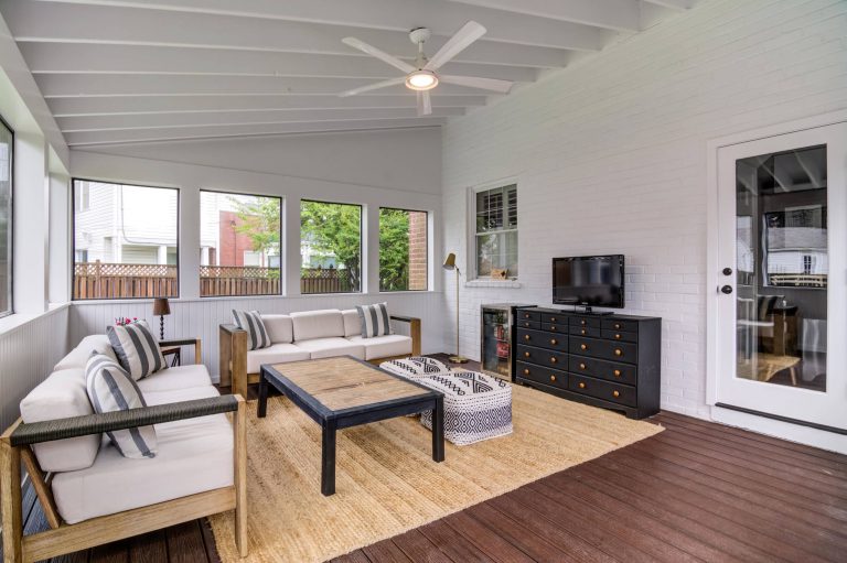 This is an example of a mid-sized contemporary screened-in back porch design in DC Metro with decking and a roof extension. by Atlas Moran Construction | Outdoor Photos | Porch | Landscaping | Landscape Design | Outdoor Living Space | Porch Design Ideas | Outdoor Living Space Ideas | Backyard Design