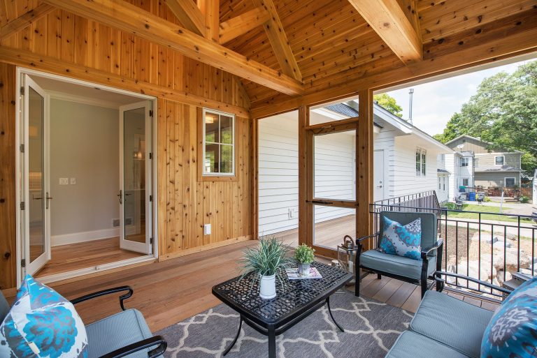This is an example of a mid-sized screened-in back porch design in Minneapolis with decking. by OSLO Builders | Outdoor Photos | Porch | Landscaping | Landscape Design | Outdoor Living Space | Porch Design Ideas | Outdoor Living Space Ideas | Backyard Design