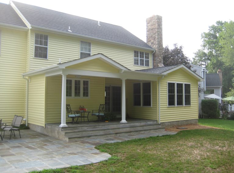 This is an example of a mid-sized traditional concrete paver back porch design in Baltimore with a roof extension. by BTW CONSTRUCTION LLC | Outdoor Photos | Porch | Landscaping | Landscape Design | Outdoor Living Space | Porch Design Ideas | Outdoor Living Space Ideas | Backyard Design