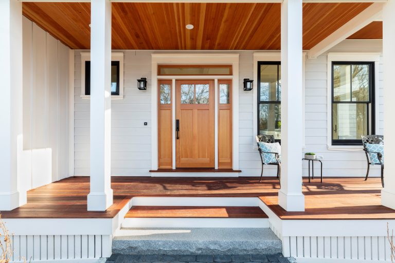 This is an example of a modern front porch design in Boston with decking and a roof extension. by Haven Architecture LLC | Outdoor Photos | Porch | Landscaping | Landscape Design | Outdoor Living Space | Porch Design Ideas | Outdoor Living Space Ideas | Backyard Design