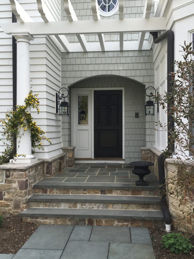 This is an example of a small transitional concrete paver front porch design in New York with a pergola. by Mendham Design Architects LLC | Outdoor Photos | Porch | Landscaping | Landscape Design | Outdoor Living Space | Porch Design Ideas | Outdoor Living Space Ideas | Backyard Design
