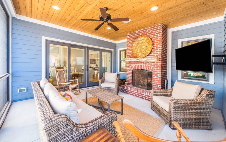 This is an example of a traditional concrete screened-in porch design in Other with a roof extension. by Tindall Architecture Workshop | Outdoor Photos | Porch | Landscaping | Landscape Design | Outdoor Living Space | Porch Design Ideas | Outdoor Living Space Ideas | Backyard Design