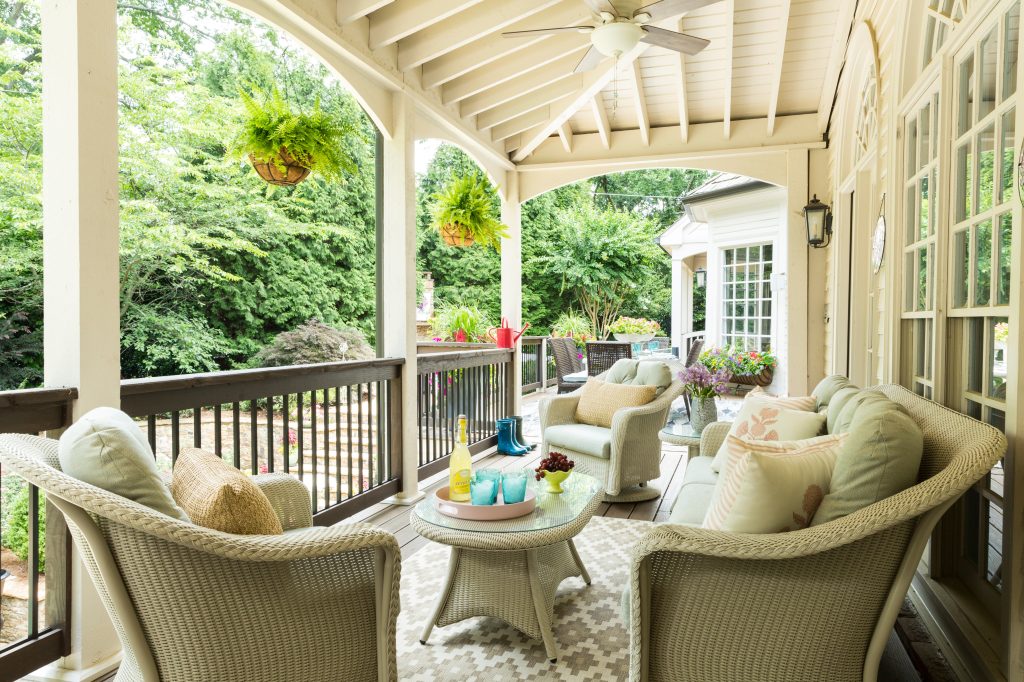 This is an example of a traditional porch container garden design in Atlanta with decking and a roof extension. by Leah Atkins Design, LLC | Outdoor Photos | Porch | Landscaping | Landscape Design | Outdoor Living Space | Porch Design Ideas | Outdoor Living Space Ideas | Backyard Design