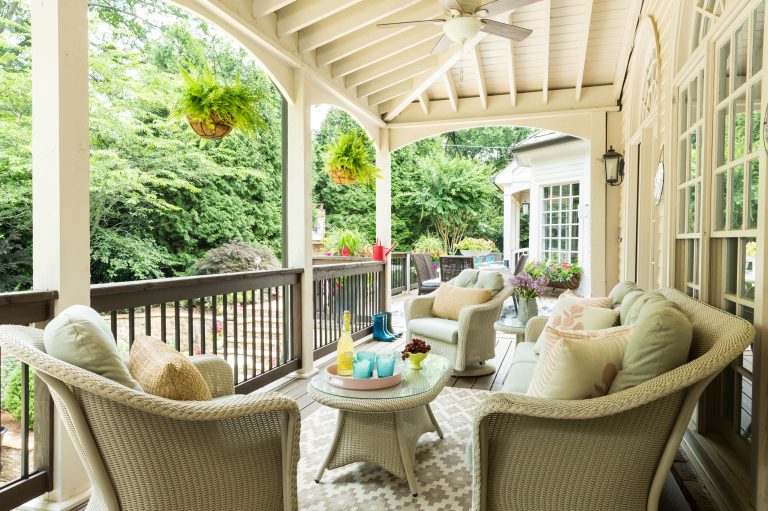 This is an example of a traditional porch container garden design in Atlanta with decking and a roof extension. by Leah Atkins Design, LLC | Outdoor Photos | Porch | Landscaping | Landscape Design | Outdoor Living Space | Porch Design Ideas | Outdoor Living Space Ideas | Backyard Design