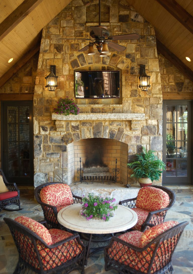 This is an example of a traditional stone porch design in Atlanta with a fire pit. by Cornerstone Design Studio | Outdoor Photos | Porch | Landscaping | Landscape Design | Outdoor Living Space | Porch Design Ideas | Outdoor Living Space Ideas | Backyard Design