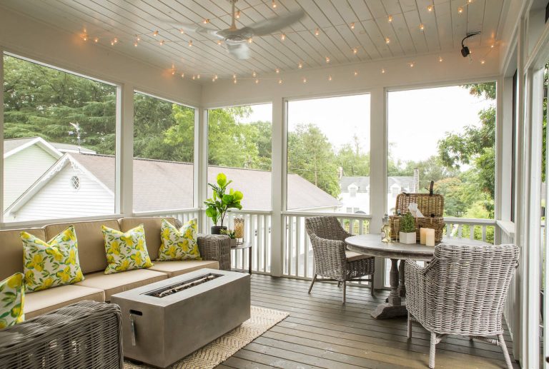 This is an example of a transitional screened-in porch design in Charlotte with decking and a roof extension. by User | Outdoor Photos | Porch | Landscaping | Landscape Design | Outdoor Living Space | Porch Design Ideas | Outdoor Living Space Ideas | Backyard Design