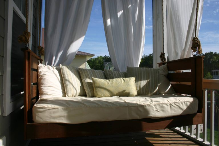 This is an inviting porch swing on a lazy afternoon. Pillows, a throw and a good book can make this the most comfortable place in or outside the house. Check out the many options at Vintage Porch Swings. by Vintage Porch Swings LLC | Outdoor Photos | Porch | Landscaping | Landscape Design | Outdoor Living Space | Porch Design Ideas | Outdoor Living Space Ideas | Backyard Design