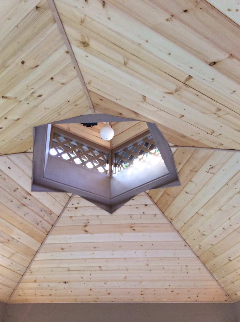 This photo is of the beautiful tongue and groove interior ceiling of the award wining gazebo.