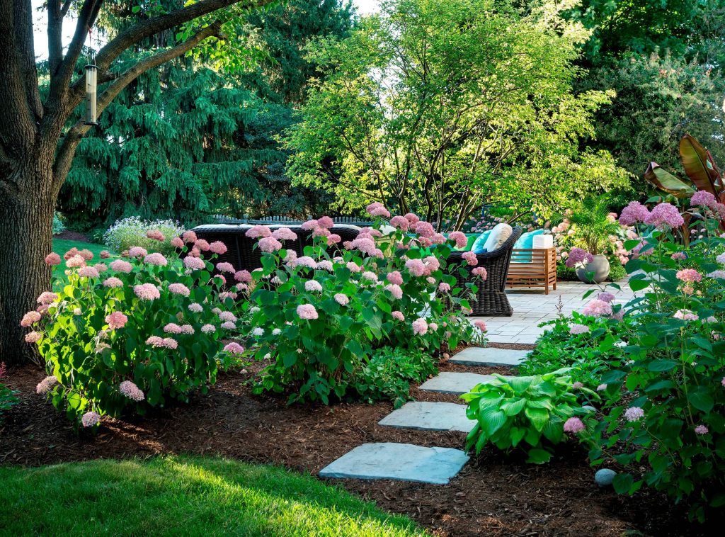 This small vignette shows one of the casual entry ways into the main space. Bella Anna Hydrangea flank either side of 2'x2' stepping stones. Design by John Algozzini. Photo courtesy of Mike Crews Photography. by KD Landscape | Backyard Design | Outdoor Living Spaces | Landscape Design | Backyard Ideas | Landscaping | Landscaping Ideas | Landscape Installation