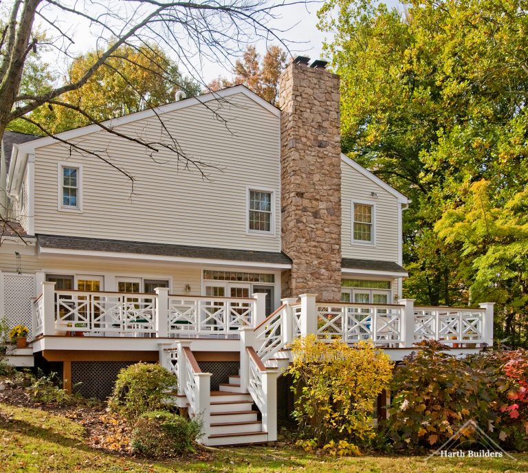 This view from the backyard shows the different levels of the deck.