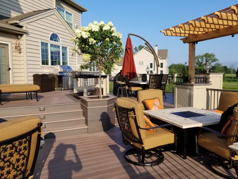 Three-level deck allows for separate uses and different seating arrangements.