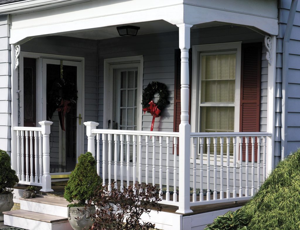 Traditional porch railing with colonial balusters in low-maintenance white vinyl. Pre-built panels for easy installation. Veranda railing built by Barrette and manufactured exclusively for The Home Depot. by User | Outdoor Photos | Porch | Landscaping | Landscape Design | Outdoor Living Space | Porch Design Ideas | Outdoor Living Space Ideas | Backyard Design