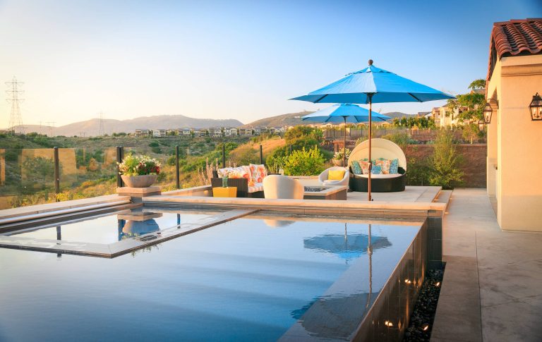 Transitional backyard rectangular aboveground pool fountain photo in San Diego