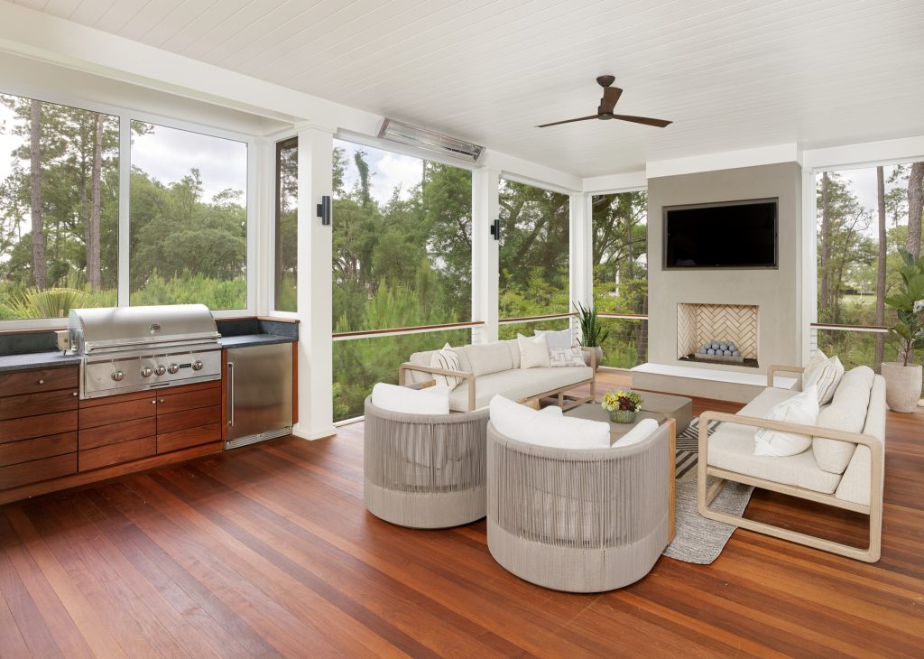 Transitional cable railing porch photo in Charleston with decking and a roof extension by Cobb Architects | Outdoor Photos | Porch | Landscaping | Landscape Design | Outdoor Living Space | Porch Design Ideas | Outdoor Living Space Ideas | Backyard Design