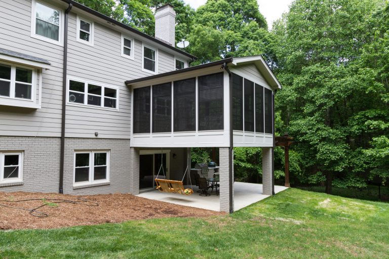 Transitional concrete screened-in back porch photo in Charlotte with a pergola by GJK Building & Remodeling | Outdoor Photos | Porch | Landscaping | Landscape Design | Outdoor Living Space | Porch Design Ideas | Outdoor Living Space Ideas | Backyard Design