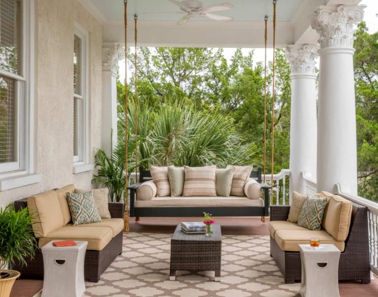 Transitional porch idea in Atlanta with decking and a roof extension by Allison Ramsey Architects | Outdoor Photos | Porch | Landscaping | Landscape Design | Outdoor Living Space | Porch Design Ideas | Outdoor Living Space Ideas | Backyard Design