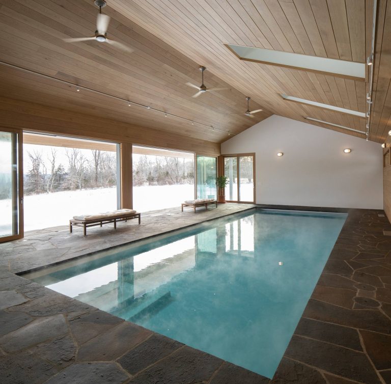 Trendy indoor stone and rectangular lap pool house photo in New York