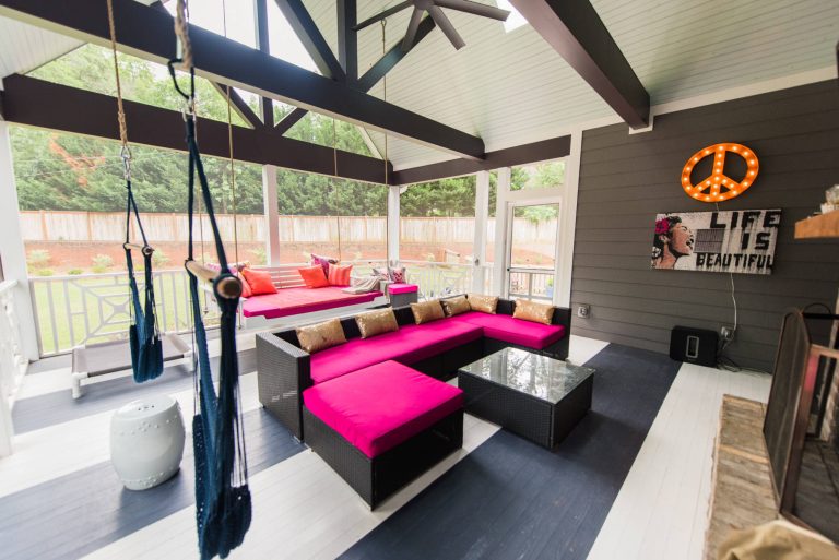 Trendy screened-in porch photo in Other by Dwell Chic | Outdoor Photos | Porch | Landscaping | Landscape Design | Outdoor Living Space | Porch Design Ideas | Outdoor Living Space Ideas | Backyard Design