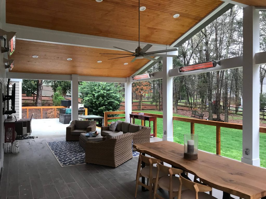 Trendy tile back porch idea in Charlotte with a roof extension by Griffin Roofing & Construction | Outdoor Photos | Porch | Landscaping | Landscape Design | Outdoor Living Space | Porch Design Ideas | Outdoor Living Space Ideas | Backyard Design