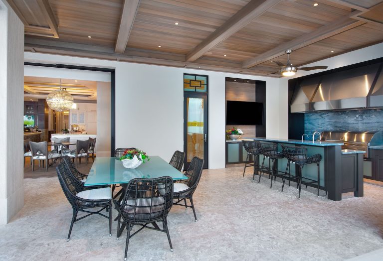 Tuscan outdoor kitchen porch photo in Miami with a roof extension by Kukk Architecture & Design P.A. | Outdoor Photos | Porch | Landscaping | Landscape Design | Outdoor Living Space | Porch Design Ideas | Outdoor Living Space Ideas | Backyard Design