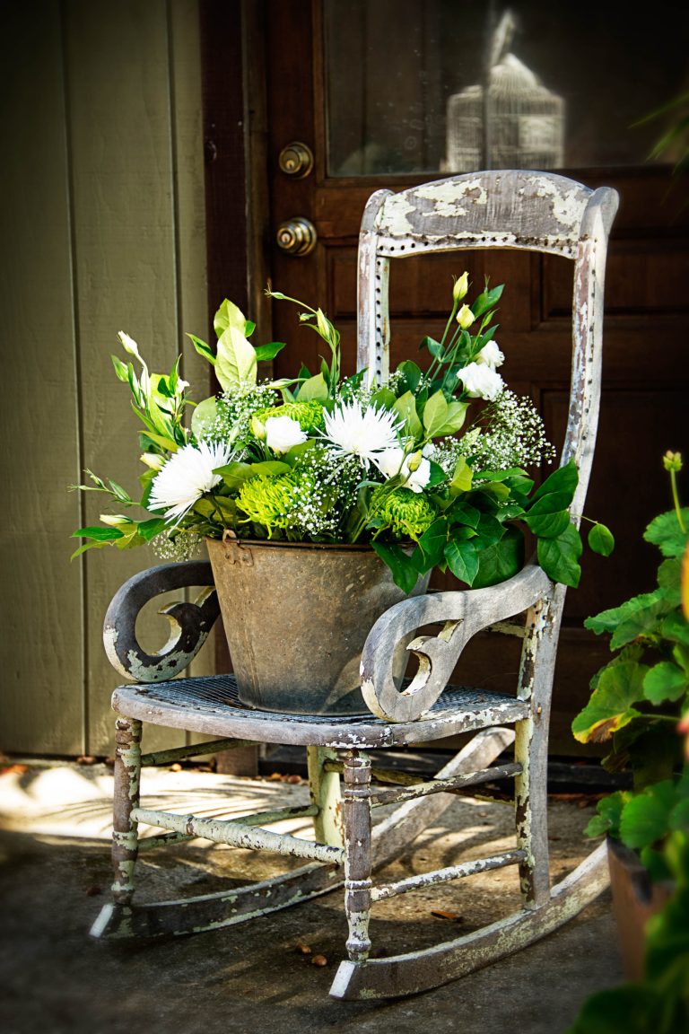 Up-cycled chair and flowers by Whitney Design Studios. Photo: Melaina DeHazes of Belle Foto, Santa Cruz, CA