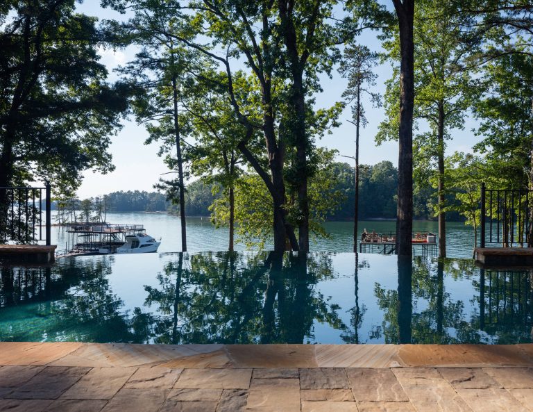 View of infinity edge pool and spa overlooking Lake Lanier.