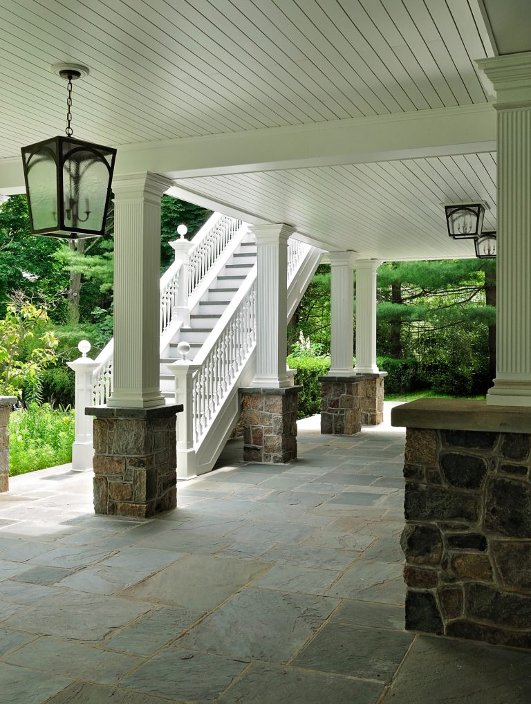 Vine joint fieldstone columns with accustom pvc fluted columns
