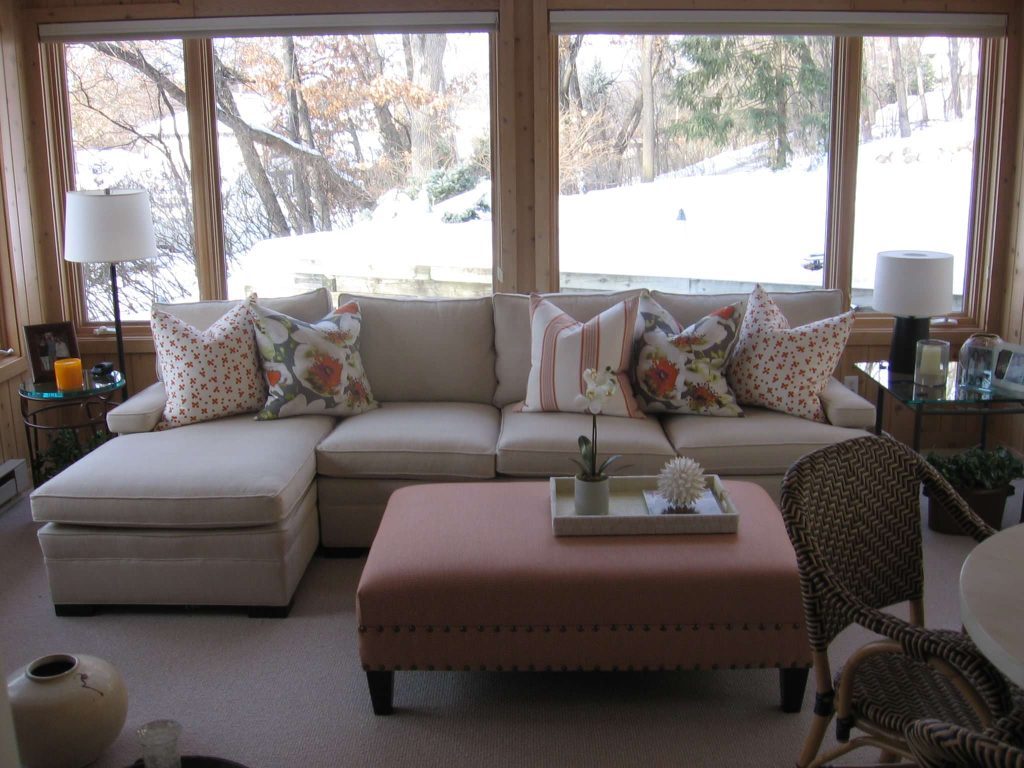 Warm, Cozy, Bright, and Fresh 4 Season Porch. All items are available through Heinrich+Schultz 952-920-2258.