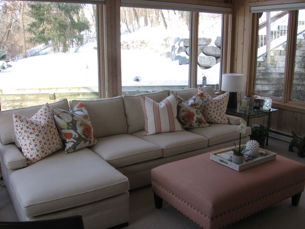Warm, Cozy, Bright, and Fresh 4 Season Porch. All items are available through Heinrich+Schultz 952-920-2258.