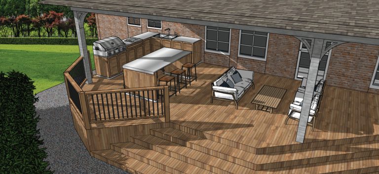 We created this 3D Render design of our client's outdoor space to replace his aging deck with a new deck, pergola, wrought iron fence, outdoor kitchen, and pool concrete area.