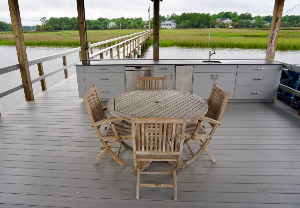 WearDeck composite decking in the color Cool Grey used for dock, railing, boathouse and floating dock. Built by imperialdocks.com with materials from Decks and Docks Lumber Co. (Charleston location).