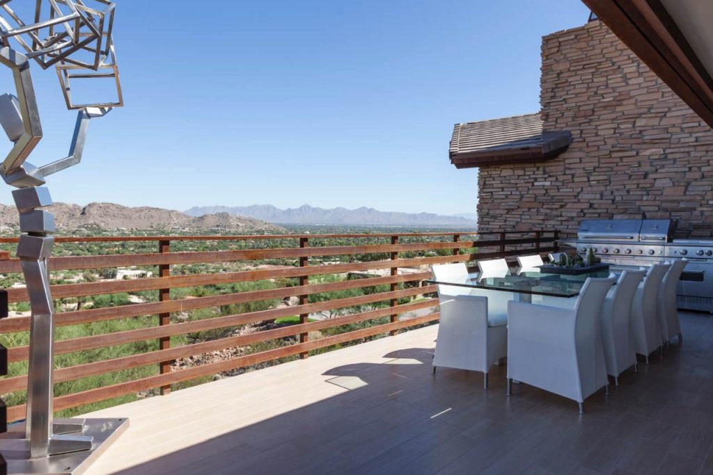 Wood ceramic tile, BBQ station, rustic railing