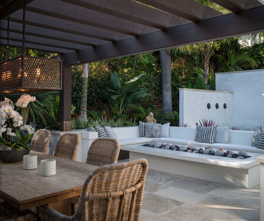 Patio - transitional backyard patio idea in Orange County with a fire pit and a pergola