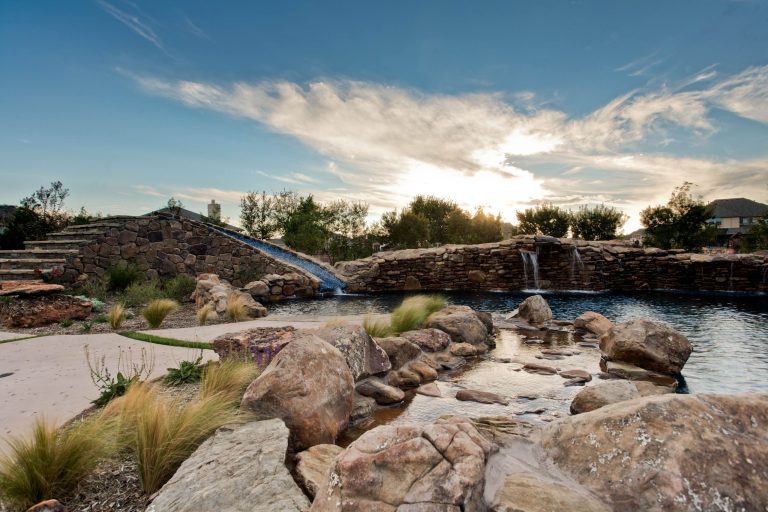 This natural swimming pool in Flower Mound, TX features a custom tile and gunite swimming pool slide with custom rock waterfalls. http://www.onespecialty.com/aquarius-luxury-swimming-pool-flower-mound/