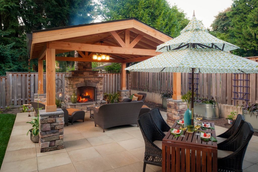 Gazebo, Covered Wood Structure, Outdoor Fireplace, Outdoor Living Space, Concrete Paver Hardscape, Ambient Lighting, Landscape Lighting, Outdoor Lighting,