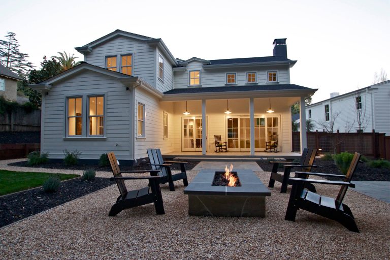 Patio - farmhouse backyard patio idea in San Francisco with a fire pit